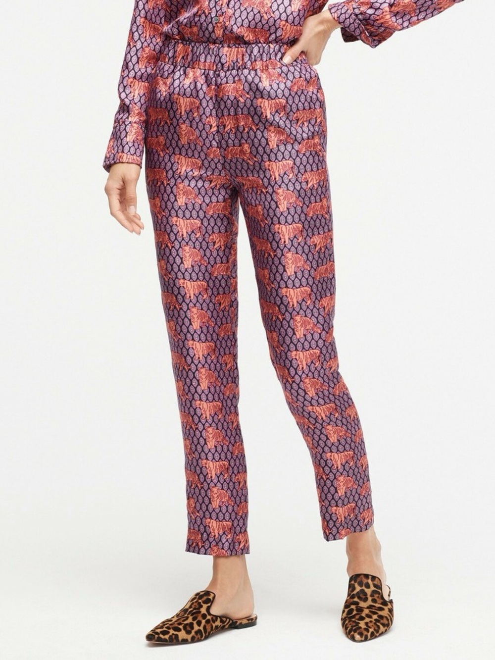 J.Crew Collection 100% Silk Roaming Tigers Print Pull-On Easy Pants Size 4
